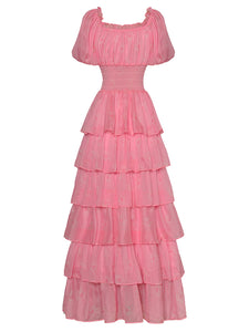 Pretty Drawstring Elastic Waist Cascading Ruffle Maxi Dress - Comes in Yellow & Pink