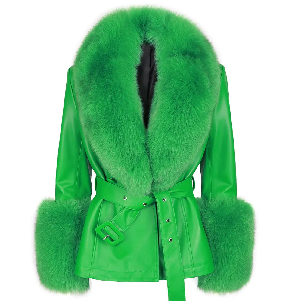 Faux Fur Luxury  PU Leather Coat with a removable collar - Comes in Green & Blue