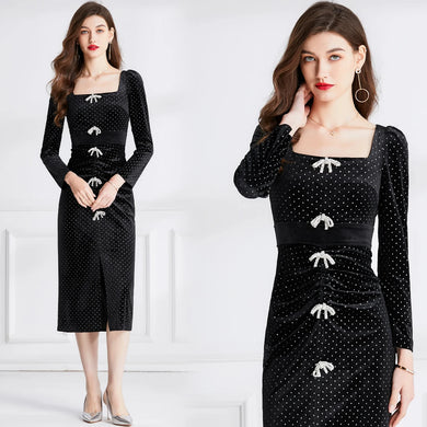 Hot Diamond Dot Black Velvet Dress