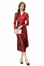 Load image into Gallery viewer, Metallic V Neck Ruffles Maxi Dress - Comes in Red &amp; Green loop