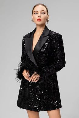Black Vintage Feather Cuff Sequin Blazer Dress