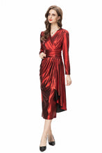 Load image into Gallery viewer, Metallic V Neck Ruffles Maxi Dress - Comes in Red &amp; Green loop