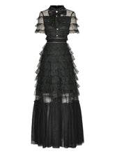 Load image into Gallery viewer, CC Bow Tie Cascading Ruffles Mesh Polka Dot Dress - Comes in Grey &amp; Black