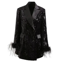 Load image into Gallery viewer, Black Vintage Feather Cuff Sequin Blazer Dress