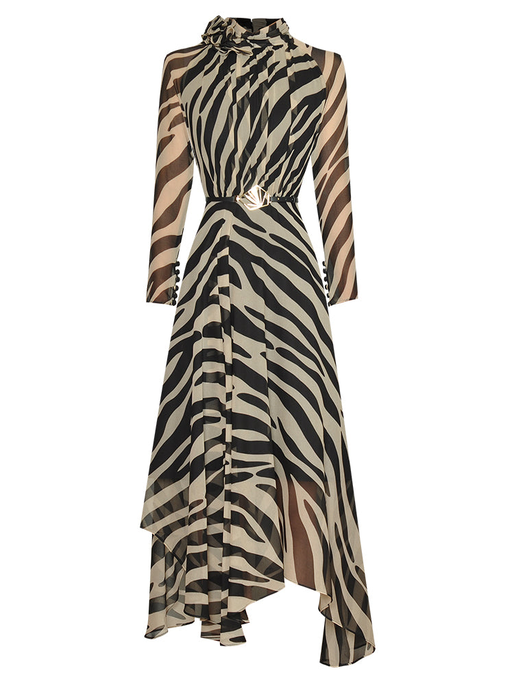 Zebra Print Stand Collar Lace-up Midi Dress with belt - Comes in Black or Tan