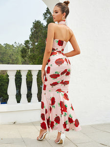 3D Flower Rose Ruffled Maxi Dress