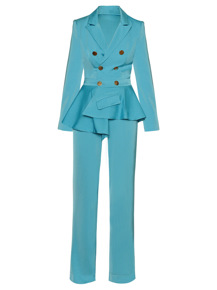 Comino Blue Vintage Ruffle Lapel Button Jumpsuit