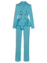 Load image into Gallery viewer, Comino Blue Vintage Ruffle Lapel Button Jumpsuit