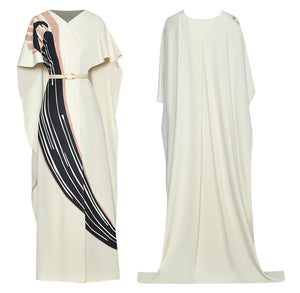 V Neck Cloak Sleeves Printed Maxi  Floor-Length Dress