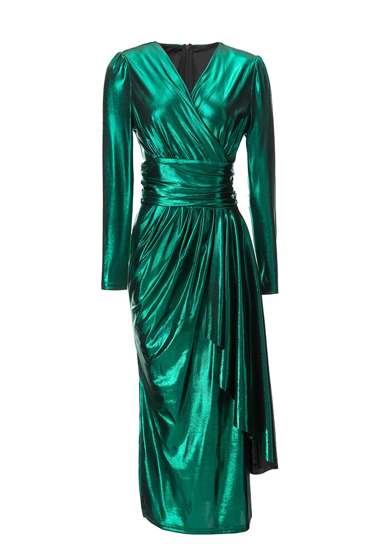 Metallic V Neck Ruffles Maxi Dress - Comes in Red & Green loop