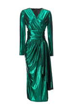 Load image into Gallery viewer, Metallic V Neck Ruffles Maxi Dress - Comes in Red &amp; Green loop