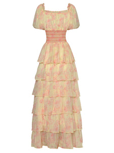 Pretty Drawstring Elastic Waist Cascading Ruffle Maxi Dress - Comes in Yellow & Pink