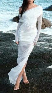Elegant Off-Shoulder White Dress with ruched Detailing