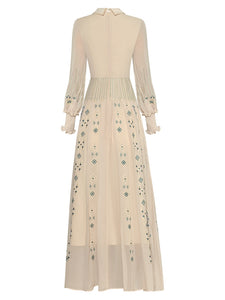 Beautiful Flower Embroidery  Lantern Sleeve Maxi Dress