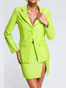 Fluorescent PU Jacket & Mini Skirt with Pin Buttons