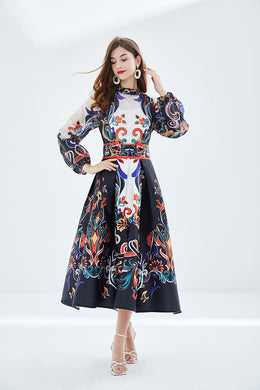 Silk Organza Lantern Sleeve Stand Collar Midi Dress