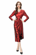 Load image into Gallery viewer, Metallic V Neck Ruffles Maxi Dress - Comes in Red &amp; Green loop