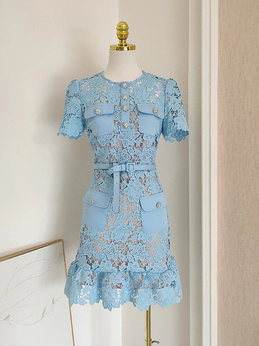 Baby Blue Belted Lacey Peplum Mini Dress