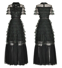 Load image into Gallery viewer, CC Bow Tie Cascading Ruffles Mesh Polka Dot Dress - Comes in Grey &amp; Black