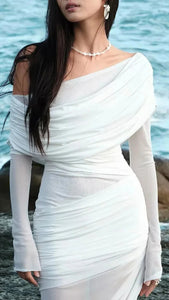 Elegant Off-Shoulder White Dress with ruched Detailing