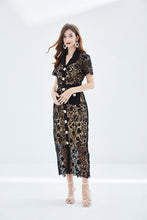 Load image into Gallery viewer, Black lace embroidery dress with gold buttons