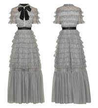 Load image into Gallery viewer, CC Bow Tie Cascading Ruffles Mesh Polka Dot Dress - Comes in Grey &amp; Black