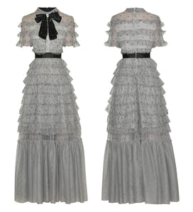 CC Bow Tie Cascading Ruffles Mesh Polka Dot Dress - Comes in Grey & Black