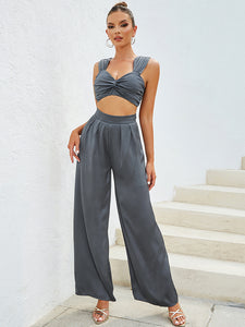 Grey Backless Crop Top and Flare Trousers