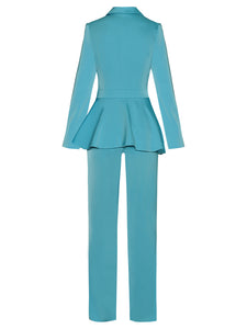 Comino Blue Vintage Ruffle Lapel Button Jumpsuit