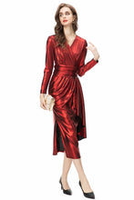 Load image into Gallery viewer, Metallic V Neck Ruffles Maxi Dress - Comes in Red &amp; Green loop