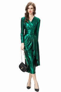 Metallic V Neck Ruffles Maxi Dress - Comes in Red & Green loop