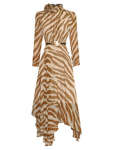 Comino Zebra Print Stand Collar Lace-up Midi Dress with belt - Comes in Black or Tan