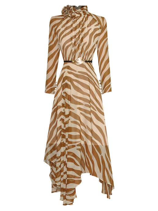 Zebra Print Stand Collar Lace-up Midi Dress with belt - Comes in Black or Tan