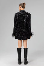 Load image into Gallery viewer, Black Vintage Feather Cuff Sequin Blazer Dress