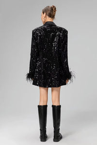 Black Vintage Feather Cuff Sequin Blazer Dress