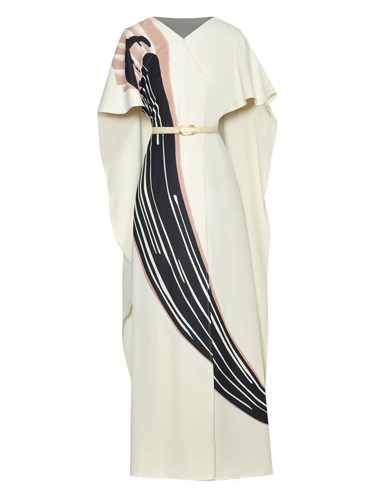 V Neck Cloak Sleeves Printed Maxi  Floor-Length Dress