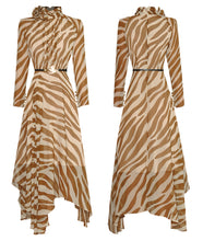 Load image into Gallery viewer, Zebra Print Stand Collar Lace-up Midi Dress with belt - Comes in Black or Tan