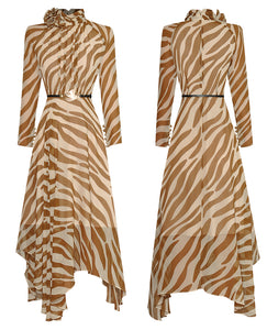 Zebra Print Stand Collar Lace-up Midi Dress with belt - Comes in Black or Tan