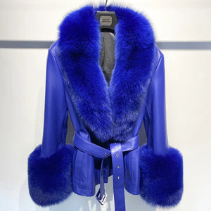 Faux Fur Luxury  PU Leather Coat with a removable collar - Comes in Green & Blue
