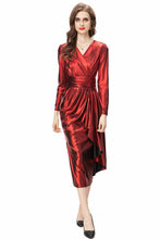 Load image into Gallery viewer, Metallic V Neck Ruffles Maxi Dress - Comes in Red &amp; Green loop