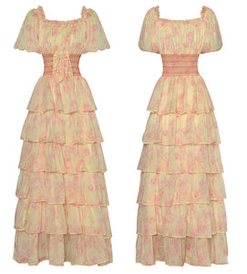 *NEW Pretty Drawstring Elastic Waist Cascading Ruffle Maxi Dress - Comes in Yellow & Pink