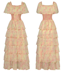 Pretty Drawstring Elastic Waist Cascading Ruffle Maxi Dress - Comes in Yellow & Pink