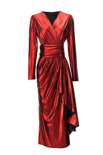 Load image into Gallery viewer, Metallic V Neck Ruffles Maxi Dress - Comes in Red &amp; Green loop