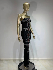 Red Circle Crystal Embellished Bandage Bodycon Maxi Dress