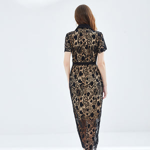 Black lace embroidery dress with gold buttons