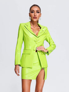 Fluorescent PU Jacket & Mini Skirt with Pin Buttons