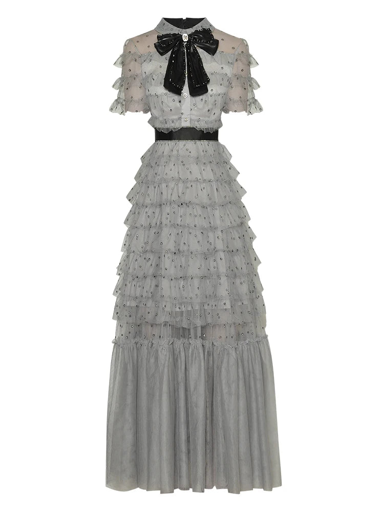 CC Bow Tie Cascading Ruffles Mesh Polka Dot Dress - Comes in Grey & Black