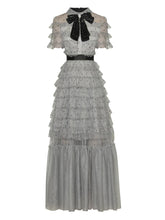 Load image into Gallery viewer, CC Bow Tie Cascading Ruffles Mesh Polka Dot Dress - Comes in Grey &amp; Black