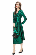 Load image into Gallery viewer, Metallic V Neck Ruffles Maxi Dress - Comes in Red &amp; Green loop