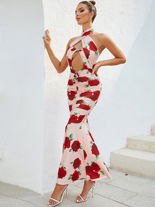3D Flower Rose Ruffled Maxi Dress